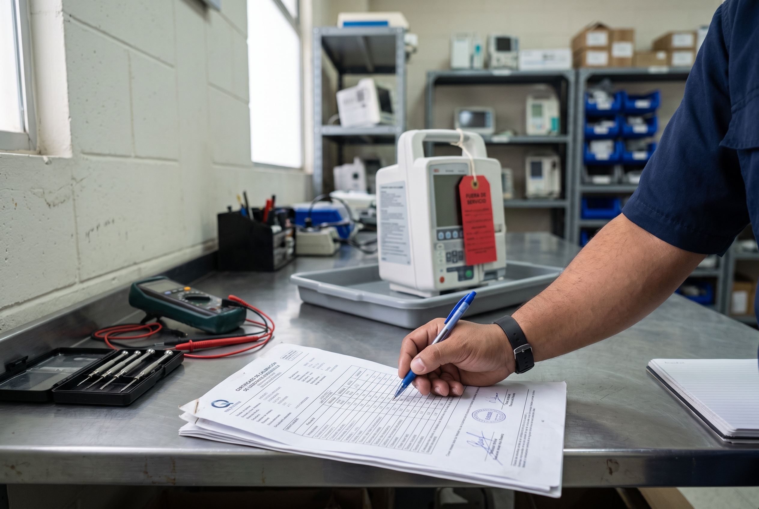 Ingeniero clínico registra la calibración de un equipo biomédico y su certificado