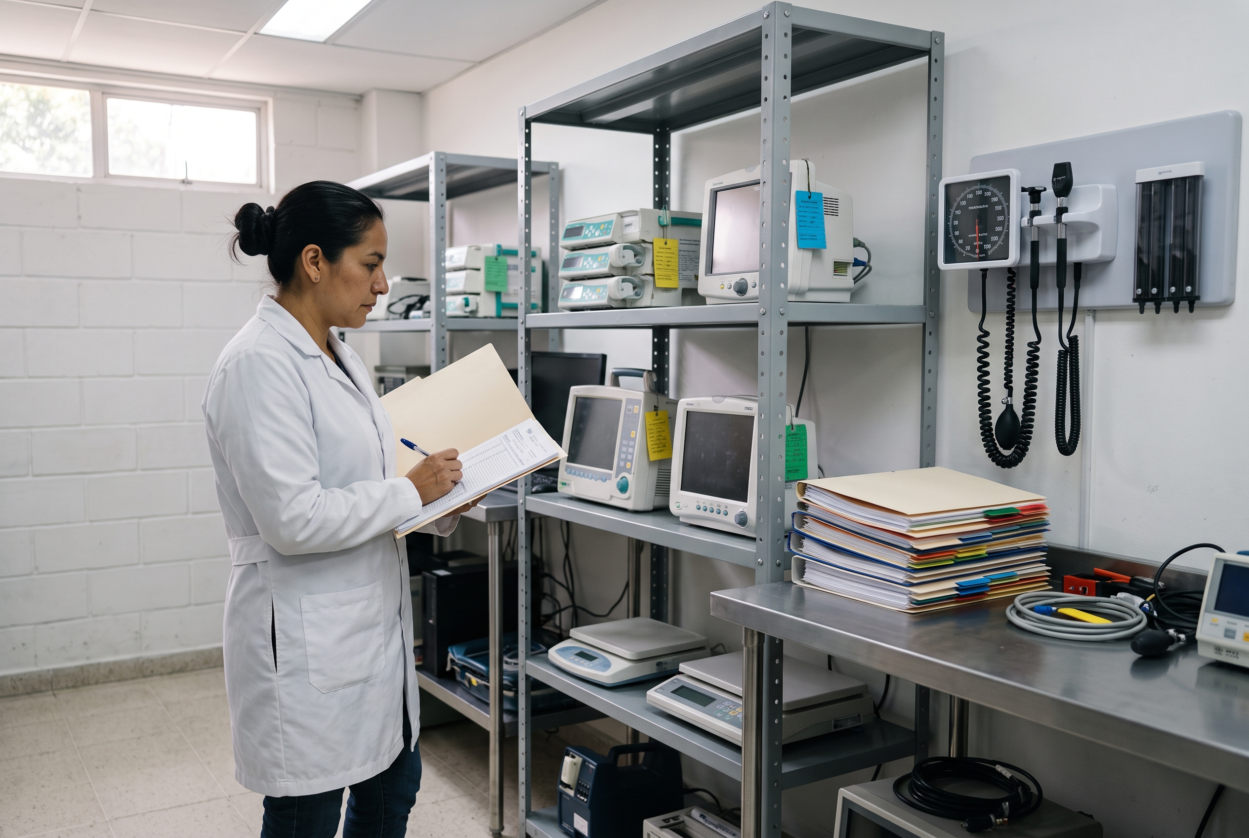 Ingeniera clínica inspecciona equipos biomédicos y revisa sus registros de mantenimiento